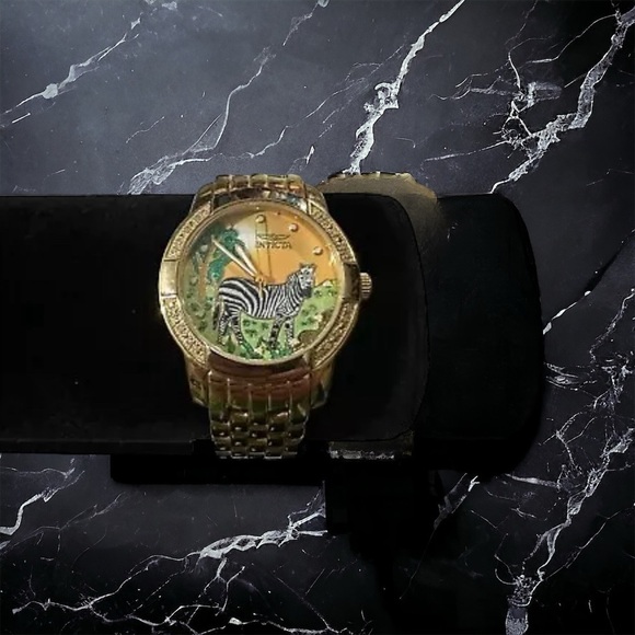 Invicta Paradise Garden Zebra Women Gold Plated 20 Diamond Swiss 33mm Watch Rare
